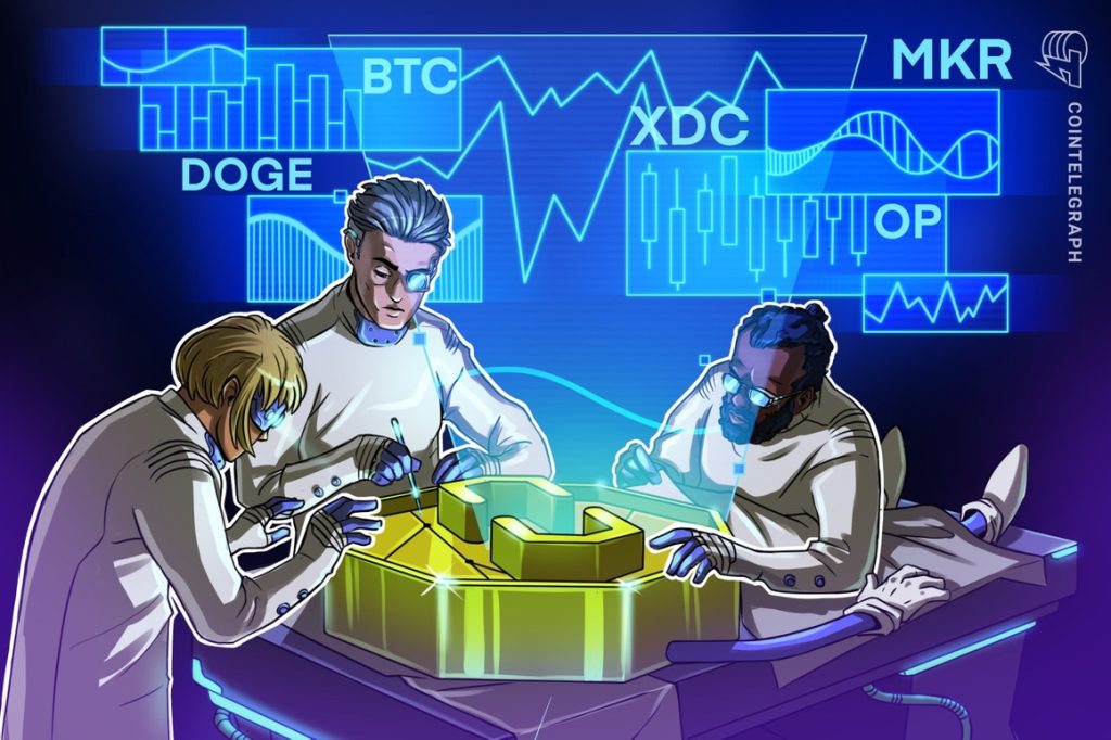 DOGE MKR OP and XDC gather strength as Bitcoin price remains range bound