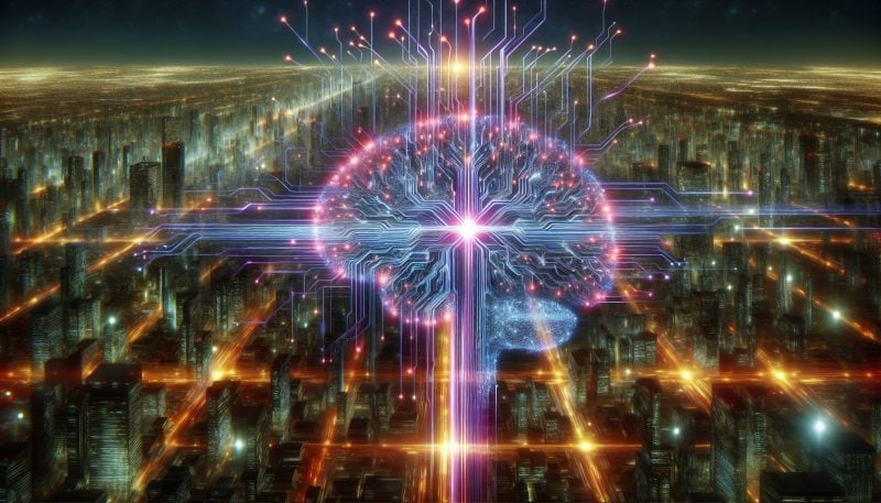 A glowing AI brain network decentralizing outwards into a futuristic cityscape representing efforts to decentralize artificial intelligence systems