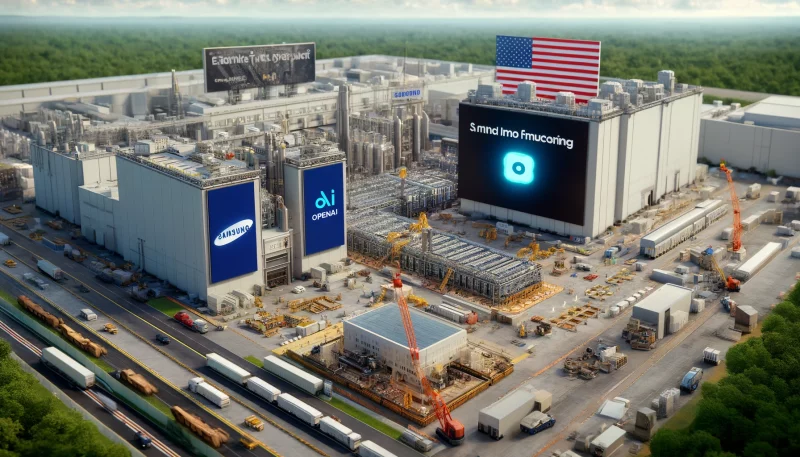 Futuristic chip manufacturing facility showcasing Samsung alongside OpenAI expanding their chip manufacturing capacities in Texas