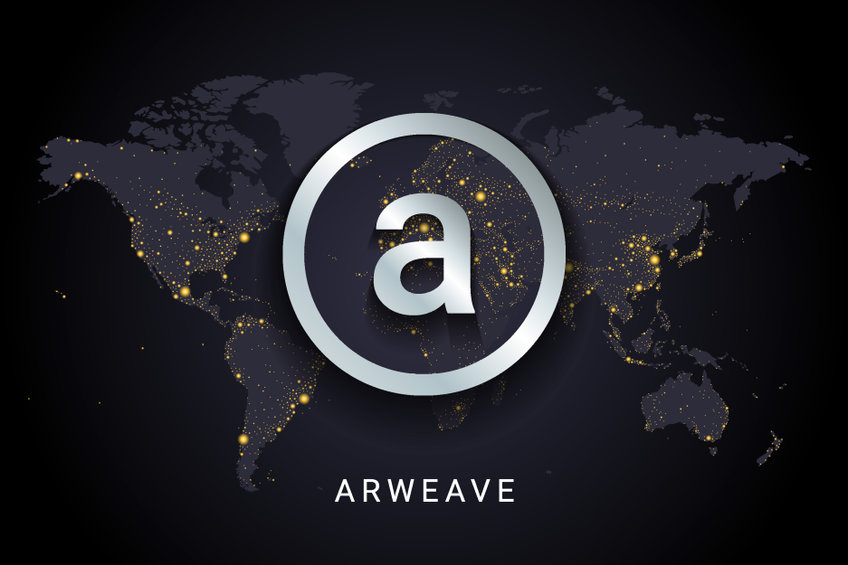 Arweave AR cryptocurrency logo against a global background